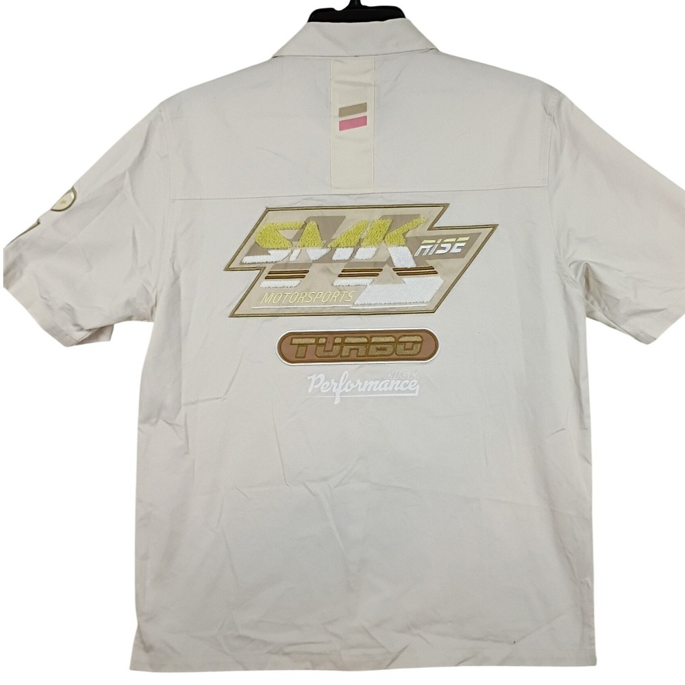 Smoke Rise Racing Shirt Mens M Beige Motorsports Turbo Graphic Patch Button Up